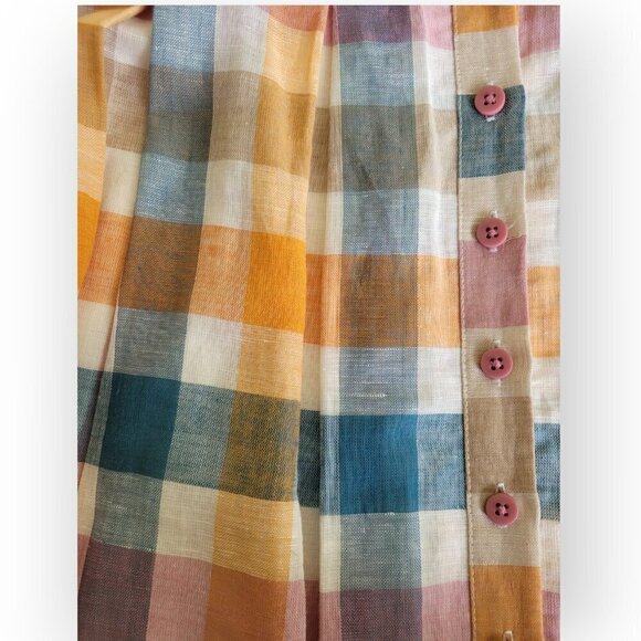 Gal Meets Glam Linen Puff Sleeve Plaid Midi Dress Pockets Tie Waist Size S - Picture 8 of 15